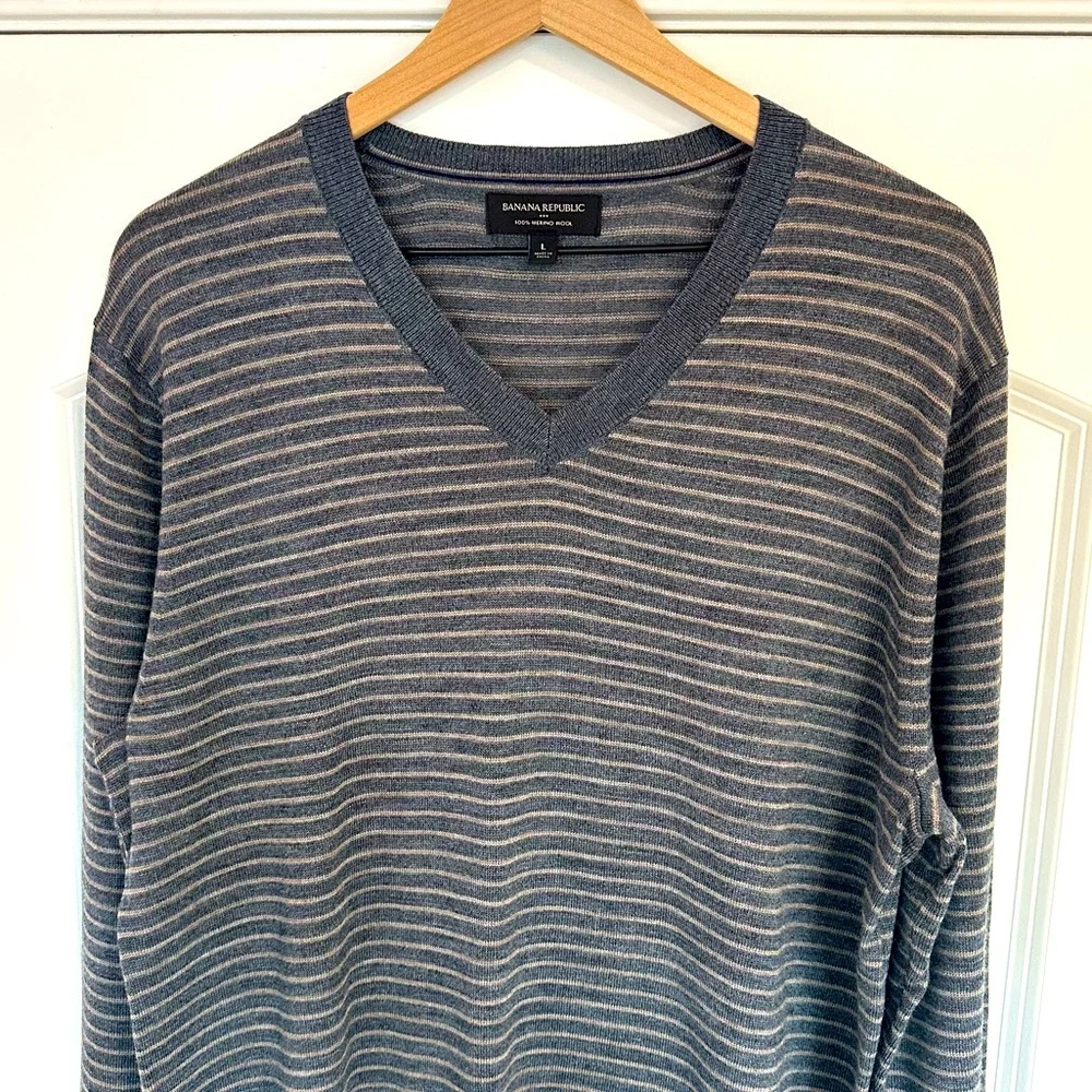 Men's Banana Republic Gray Merino Wool V-neck Pullover Sweater Large